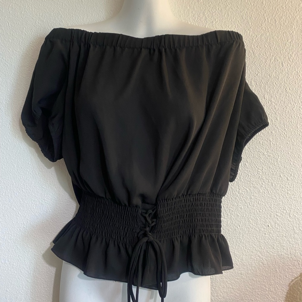 Ultra Flirt Black Off-Shoulder Smocked Waist Peplum Top
